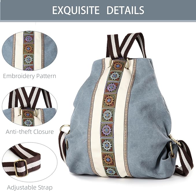 Goodhan Women Canvas Backpack Daypack Casual Shoulder Bag, Vintage Heavy-duty Anti-theft Travel Backpack (Blue Grey)