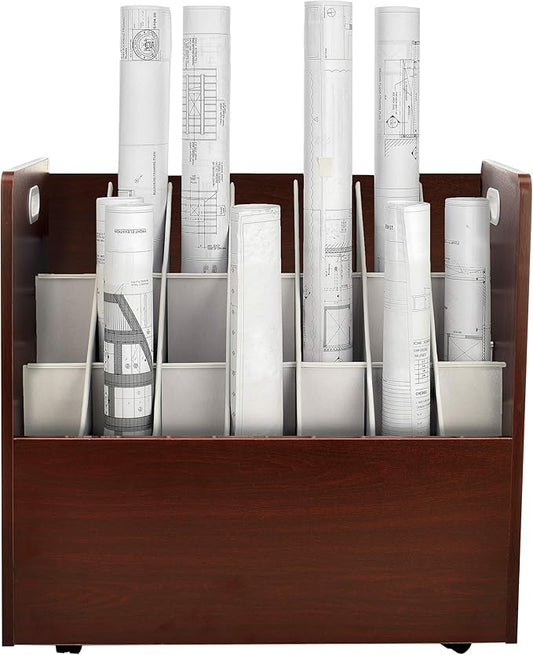 AdirOffice Adir Blue Print Storage Organizer - Mobile Roll File Cart, Construction Plan Holders, Blueprint Cabinet with Wheels, Roll Files Storage for Office and Home (21 Slots, Mahogany)
