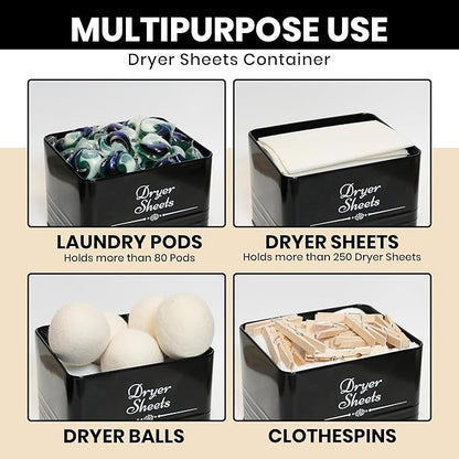 Farmhouse Metal Detergent Pod Container with Dryer Sheet Holder for Laundry Room Organization and Storage - Holds Over 200 Pods and 300 Sheets