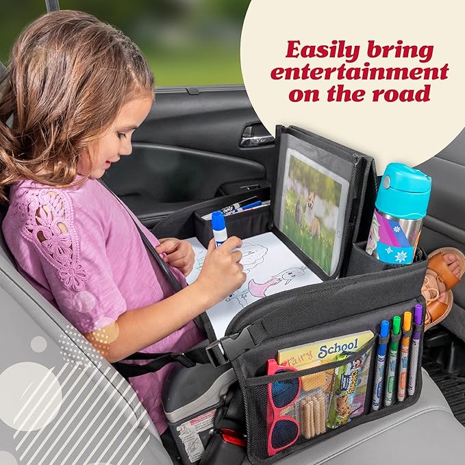 Lusso Gear Car Seat Tray - 1-Pack Black - 600D Oxford Lap Desk Organizer & Tablet Stand with Dry-Erase Surface, Snack & Cup Holder - Kids Travel Tray for Car Seat