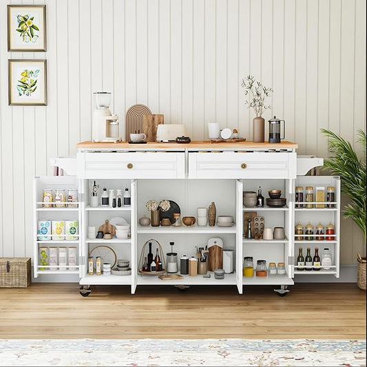 59’’ Rolling Kitchen Island Cart with Drop Leaf and Power Outlet, Movable Kitchen Islands with 3-Tier Door Storage Shelf, Island Table on Wheels, 2 Large Drawers, Towel Racks, White