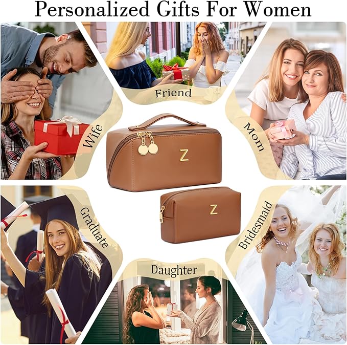 Birthday Gifts for Women Teen Girl, Personalized Initial Makeup Organizer Bag Set, Open Flat Travel Cosmetic Bag With Clear Divider and Handle(Brown,Z)