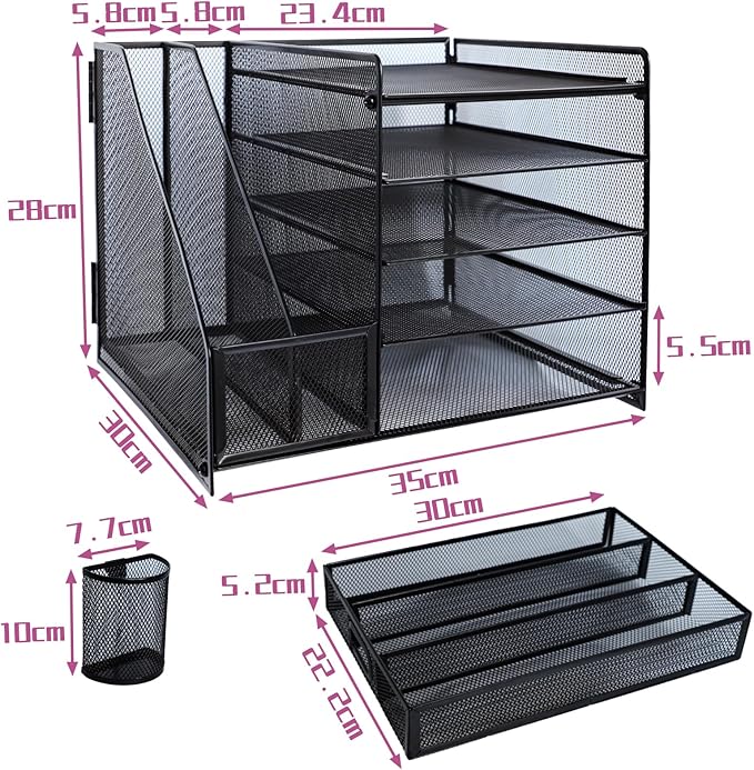 Desk Organizers and Accessories with File Holder, 5-Tier Paper Letter Tray Organiser with Drawer and 2 Pen Holder, Mesh Desktop Document Organizer for Office Supplies, Workspace - Black