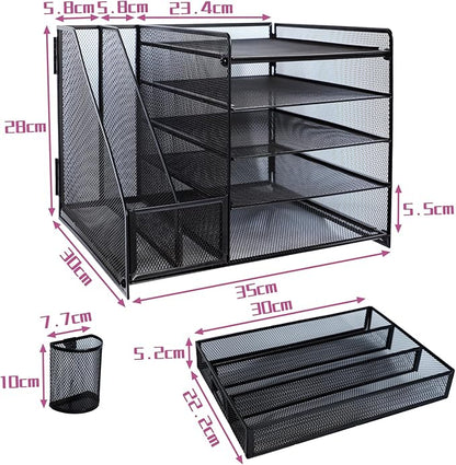 Desk Organizers and Accessories with File Holder, 5-Tier Paper Letter Tray Organiser with Drawer and 2 Pen Holder, Mesh Desktop Document Organizer for Office Supplies, Workspace - Black