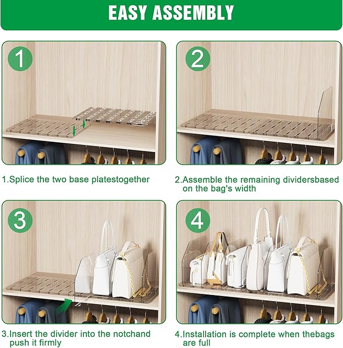 Bag & Purse Organizer for Closet, 4 Sets Adjustable Clear Handbag Storage Shelf, Plastic Clutch Dividers for Closet Organizers and Storage-Keep Purses upright (4 Sets)