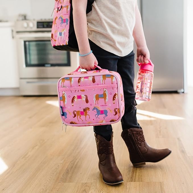 Wildkin Kids Insulated Lunch Box – Durable and Reusable for School & Travel - Horses in Pink