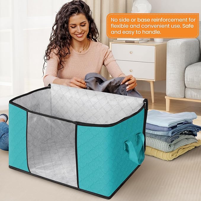 Fab totes 24 Gallons Clothes Storage, Foldable Thick Fabric Blanket Storage Bags, Containers for Organizing Bedroom, Closet, Clothing, Comforter, Organization with Handle (4 Pack,Green)