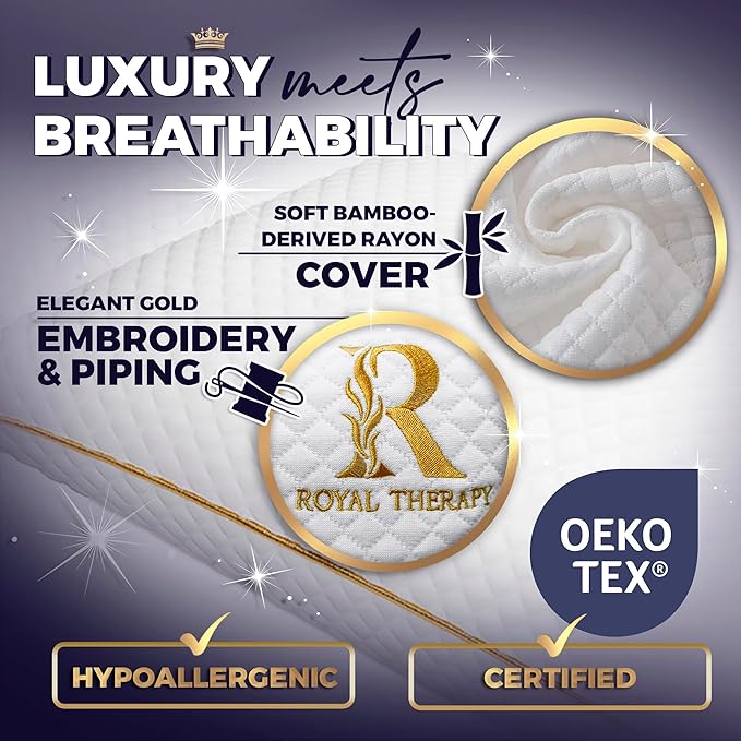 Royal Therapy King Memory Foam Pillows, 2-Pack - Shredded Memory Foam for All Sleep Positions, Medium Firm with Adjustable Loft, Bamboo Rayon Cover, CertiPUR-US & Oeko-TEX Certified