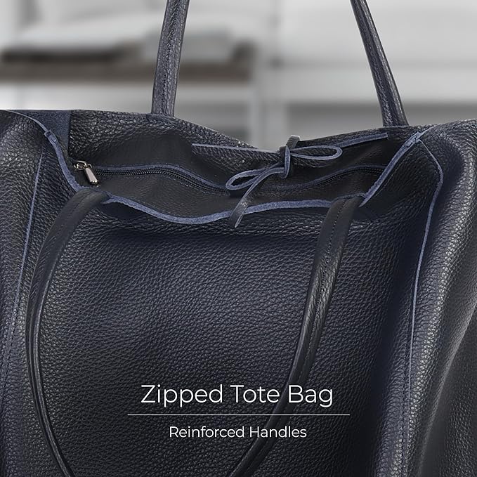 Italian Calf Leather Tote for Women with Zipper, Inner Pocket & Flat Base | Soft Unlined Shopper for Work & Travel