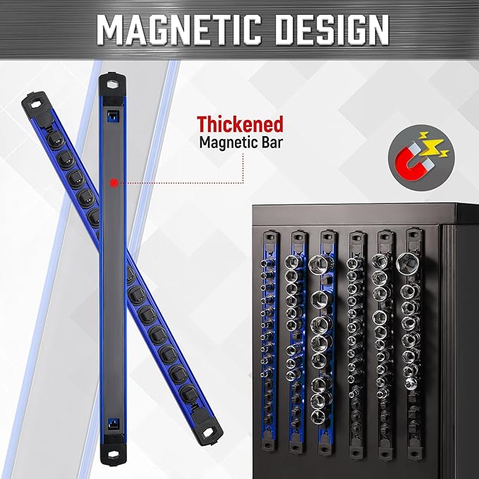ALOANES 3-Piece Magnetic Socket Organizer, Heavy Duty Aluminum Socket Rails Organizer, 360° Swivel Clips Socket Holder Kit for Tool Box, 3/8-Inch Socket Holder x 42 Clips (Blue)