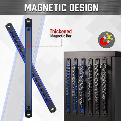 ALOANES 6-Piece Magnetic Socket Organizer, Heavy Duty Aluminum Socket Rails Organizer, 360° Swivel Clips Socket Holder Kit for Tool Box, 1/2, 3/8, 1/4-Inch Socket Holder x 80 Clips (Red&Blue)
