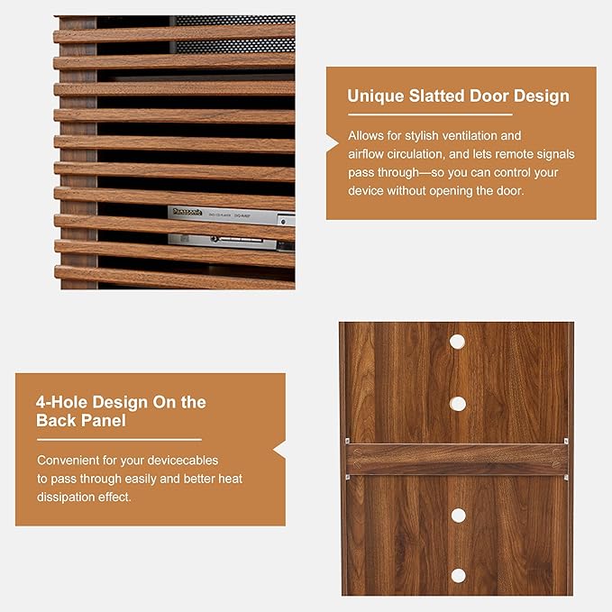 LEVNARY 5-Tier AV Media Cabinet with Grille Door & Adjustable Shelves, Modern Wooden Stereo Rack with Cable Management & Wheels, Audio Video Stand for Living Gaming Room Recording Studio (Walnut)