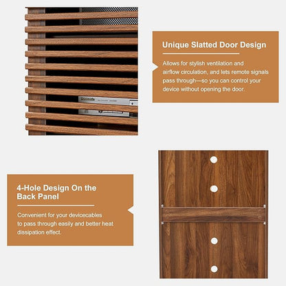 LEVNARY 5-Tier AV Media Cabinet with Grille Door & Adjustable Shelves, Modern Wooden Stereo Rack with Cable Management & Wheels, Audio Video Stand for Living Gaming Room Recording Studio (Walnut)