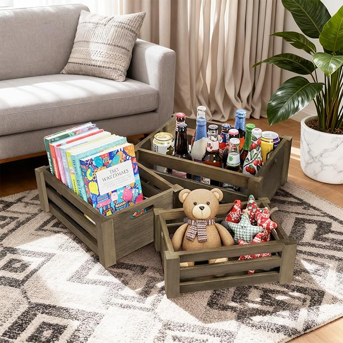 Lawei Set of 3 Wood Nesting Storage Crates with Handle, Rustic Farmhouse Decorative Wooden Crates Distressed Crates Storage Container for Display, Large Vintage Wood Decor Crates Wooden Baskets