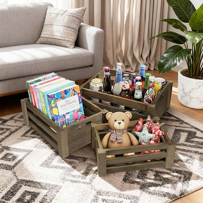 Lawei Set of 3 Wood Nesting Storage Crates with Handle, Rustic Farmhouse Decorative Wooden Crates Distressed Crates Storage Container for Display, Large Vintage Wood Decor Crates Wooden Baskets