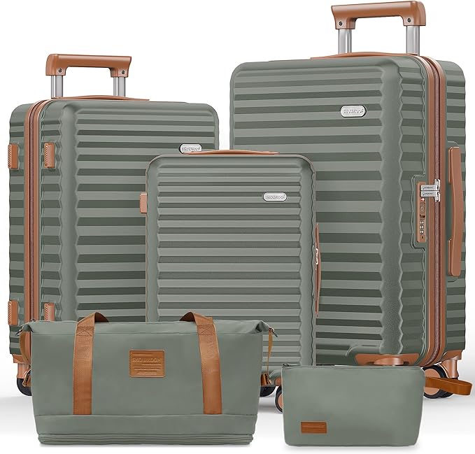 SHOWKOO Luggage Sets 3 Piece Hardside Expandable Suitcase with Double Spinner Wheels Tsa Lock, (Green, 5 piece set)