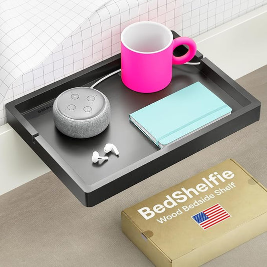 BedShelfie Bedside Shelf for Bunk Bed & Top Bunk, College Dorm Room Essentials, Loft Nightstand, Floating Bed Side Table Tray Storage, Dorm Room Decor by Smallish - (Flexfit Model, Black)