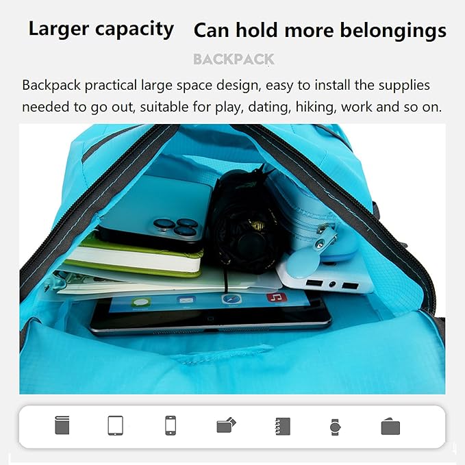 16L Hiking Daypack Lightweight Foldable Travel Backpack Water Repellent Camping Outdoor Packable Easy Carry-on Bag (Blue)