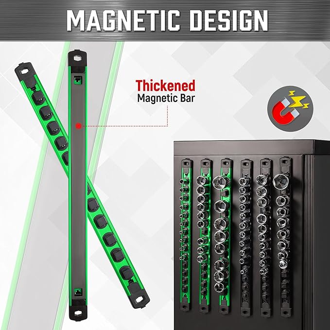 ALOANES 3/8-Inch Drive Magnetic Socket Organizer, Heavy Duty Aluminum Rail Organizer, 360 Swivel Clips Socket Holder Kit for Tool Box, 14 Clips (Green)