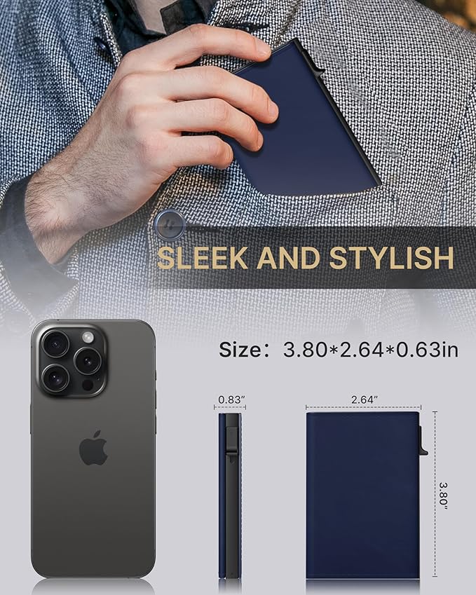 typecase Mens Wallet Card Holder: Pop Up Aluminum Case, Premium Genuine Leather, Smart, RFID Blocking, Slim, Minimalist, Front Pocket - 9-14 Card Capacity | ID Window | Cash Slot (Navy)