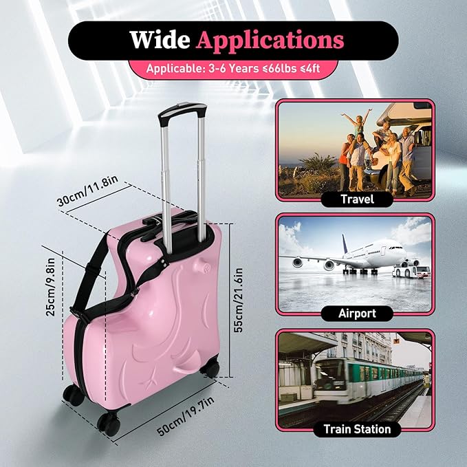 20 Inch Children's Ride On Trolley, Toddler Luggage Seat Ride with Lock, Kid's Ride-on Travel Suitcase with Spinner Wheels, Kids Travel Trolley Riding Luggage Suitcase for Boys Girls Gift, Pink
