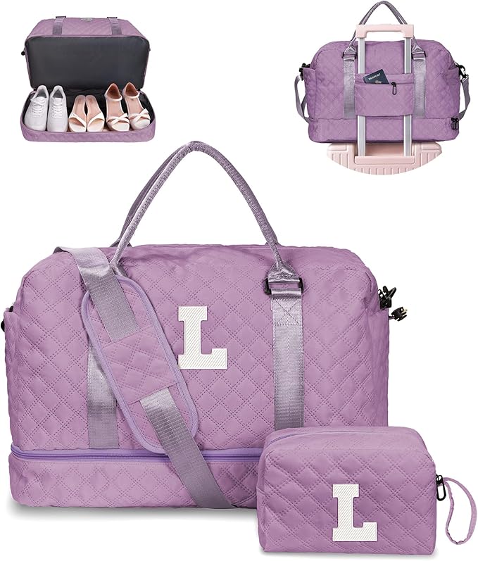 Personalized Gifts-Girls Duffle Bag with Shoe Compartment, Personalized Weekender Bag, Monogram Overnight Bag, Letter Travel Bag with Makeup Bag，Birthday Gift For Women Girl (Letter L)