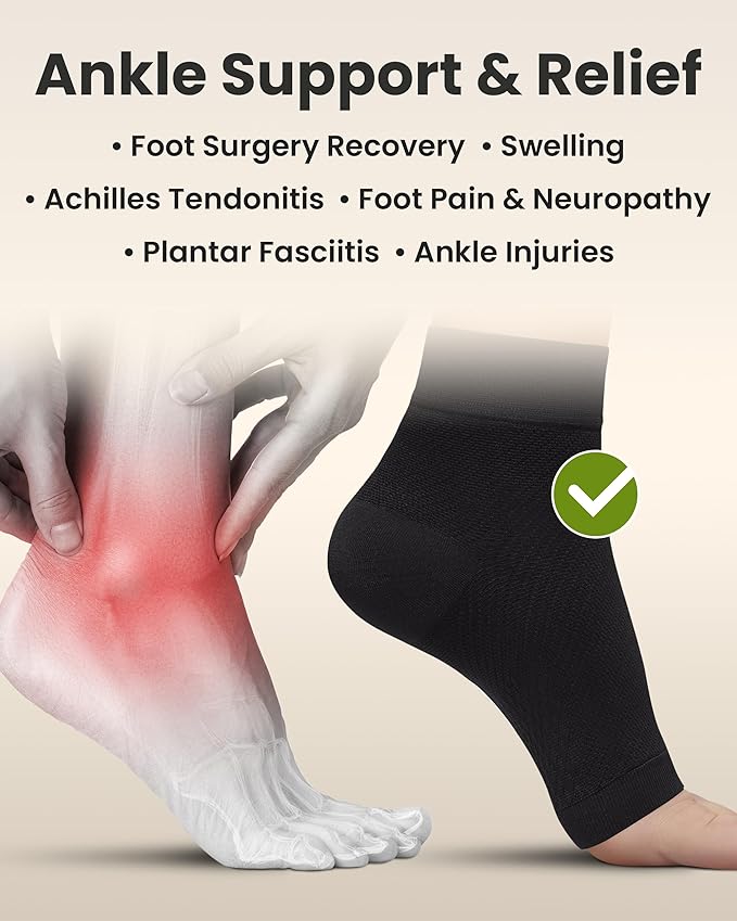 KEMFORD Ankle Compression Sleeve - Plantar Fasciitis Braces - Open Toe Compression Socks for Swelling, Sprain, Neuropathy, Foot Arch Support for Men and Women - 15-20mmhg, S, Black