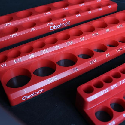 Olsa Tools Magnetic Socket Organizers | 3 Piece Set Socket Holder Kit | 1/2-Inch, 3/8-Inch, & 1/4-Inch Drive | SAE Red | Holds 68 Sockets | Professional Quality Tools Organizer Part 1150