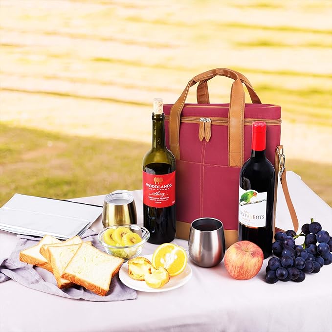 Tirrinia Insulated Wine Gift carrier - 3 Bottle Travel Padded Wine Carry Cooler Tote Bag with Handle and Adjustable Shoulder Strap, Red