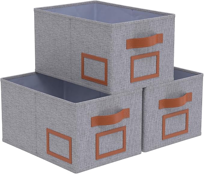 OUTBROS Foldable Storage Box for Shelves, 15 x 10.2 x 7.9 inch Fabric Baskets, Wardrobe Organiser with Handles, Suitable for Storing Clothes, Books, Cosmetics (Gray, 3-Pack)