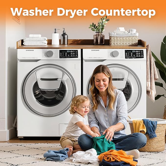 Washer Dryer Countertop, Wood Countertop with Edge Rails for Laundry Room Organization and Storage, Washer Dryer Topper for Laundry Room, 27.5" x 54" (Walnut Wood)