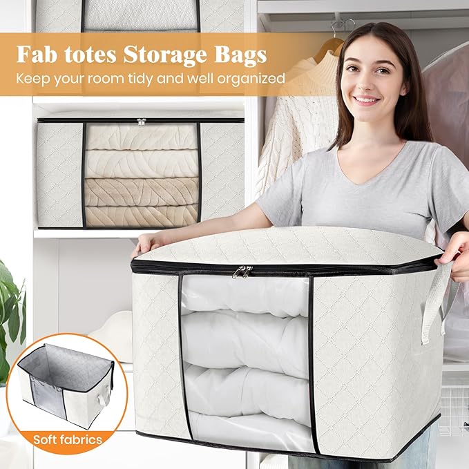 Fab totes 24 Gallons Clothes Storage, Foldable Thick Fabric Blanket Storage Bags, Containers for Organizing Bedroom, Closet, Clothing, Comforter, Organization with Handle (4 Pack,Ivory)