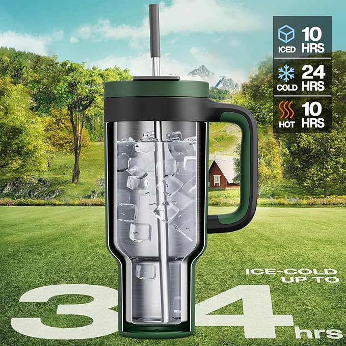 POWCAN 40 oz Tumbler with Handle, 2-in-1 Straw and Sip Lid, Leakproof, Dishwasher Safe, Insulated Stainless Steel Travel Coffee Mug, Keeps Cold for 34 Hours, Fits in Car Cup Holder (Forest)