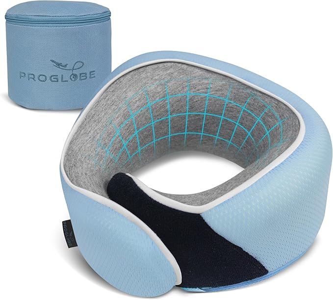 Junior Kids Travel Neck Pillow - Ergonomic Memory Foam Pillow for Airplane, Car, Booster Seat - Soft, Washable, Compact Travel Pillow with Strap - Light Blue - Ages 4–13
