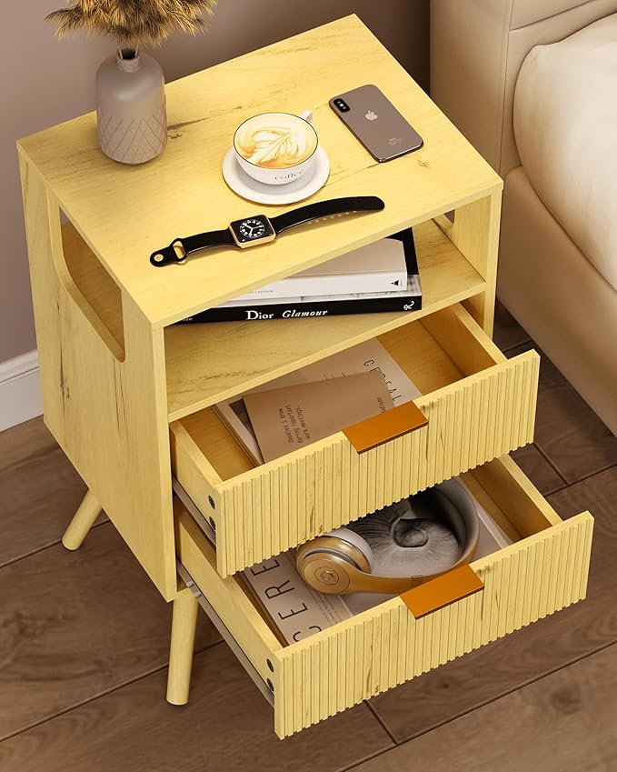 Nightstand,Modern Bedside Table with 2 Storage Drawer and Open Wood Shelf, for Bedroom and Small Spaces,Night Stand with Solid Wood Legs, Yellow Oak