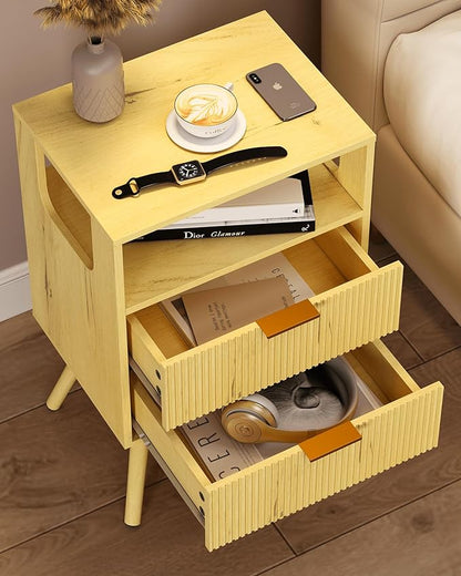 Nightstand,Modern Bedside Table with 2 Storage Drawer and Open Wood Shelf, for Bedroom and Small Spaces,Night Stand with Solid Wood Legs, Yellow Oak