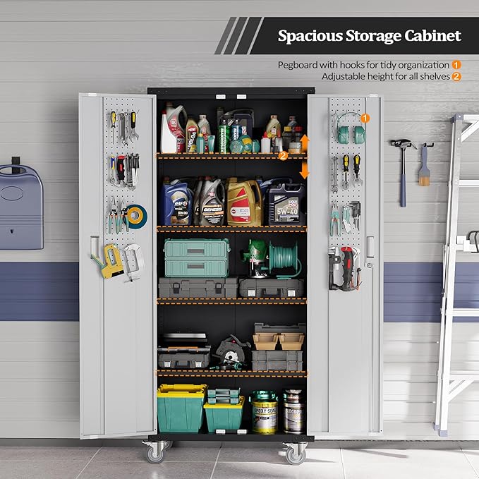 VINGLI 72'' Tall Garage Storage Cabinet, Metal Storage Cabinet with Wheels, Locking Doors and Adjustable Shelves (Black & Silver, 32''W x 16''D x 72''H)