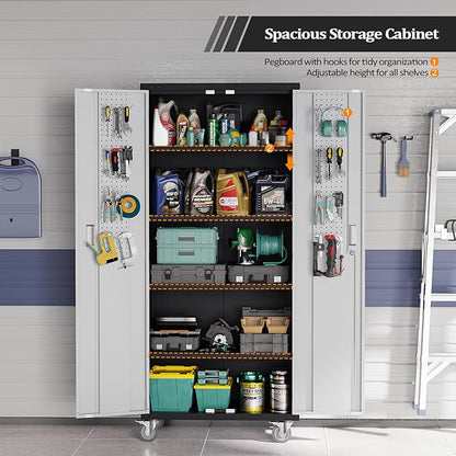VINGLI 72'' Tall Garage Storage Cabinet, Metal Storage Cabinet with Wheels, Locking Doors and Adjustable Shelves (Black & Silver, 32''W x 16''D x 72''H)