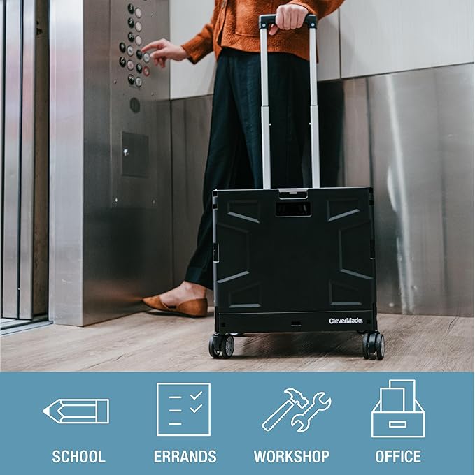 CleverMade Collapsible Wheeled Crate with Lid, 4-Wheels - Swivel and Glide Rolling Crate with Handle and Double Wheels for Easy Transport and Versatile Use - 35L and 75lb Capacity, Black/Cream