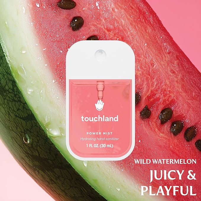 Touchland Hydrating Hand Sanitizer Spray Bundle, DREAM 5 Set (Watermelon, Berry, Beach Coco, Sandalwood Power Mists, Icy White Hand Mist Case), 1 FL. OZ. Travel Size