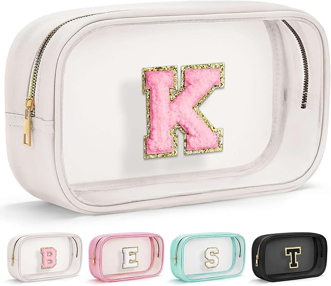 YOOLIFE Initial Make Up Bag Travel Toiletry Bag, Clear Makeup Bag Preppy Cosmetic Bag Gifts for Women Teen Girlfriend Teacher 16 Year Old Girl Gifts Daughter Gifts Swim Gifts For Girls White K