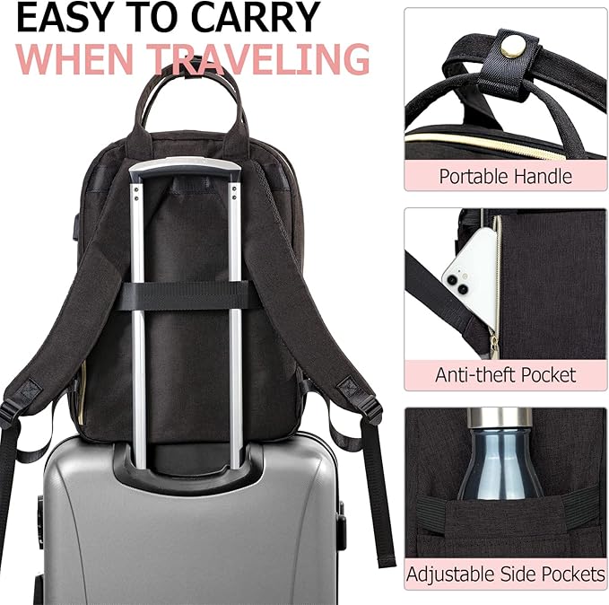 Travel Laptop Backpack for Women, School Backpack for Teens, 15.6 Inch Work Laptop Bag with USB Port Charging, Water Resistant College School Bookbags for Girls, Black