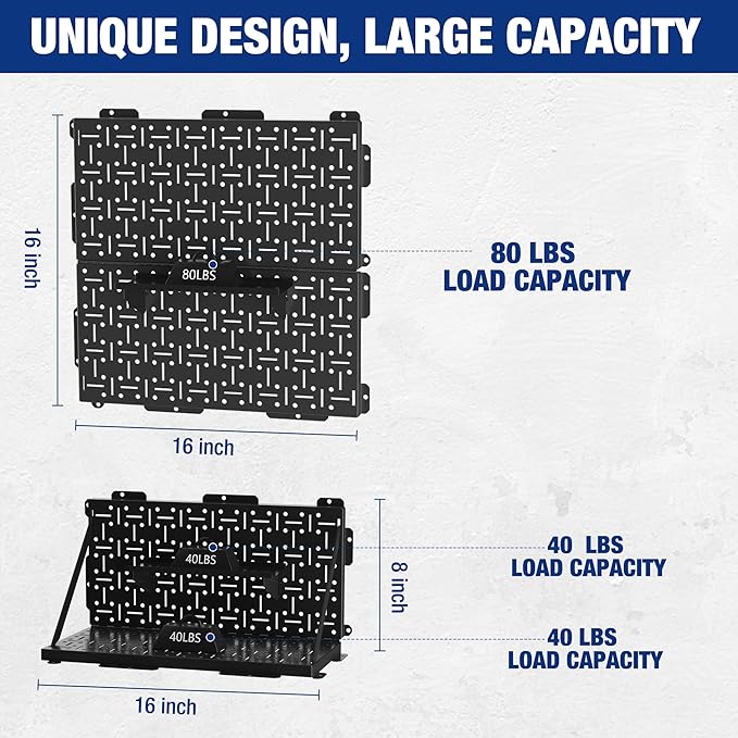 WORKPRO 16”x 16” Metal Peg Board, Foldable Black Pegboard for Wall Organization, Steel Panel with Round Holes & Vertical Slots, Ideal Tool Organizer in Office and Craft Room, 3 Pack