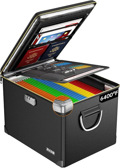 Fireproof Document Box,Hard Case File Organizer with Fireproof Zipper&Threads,Non-Foldable Filing Cabinet with Lock, Portable Office Safe Box Storage for Hanging Letter Folder,Valuables,Black