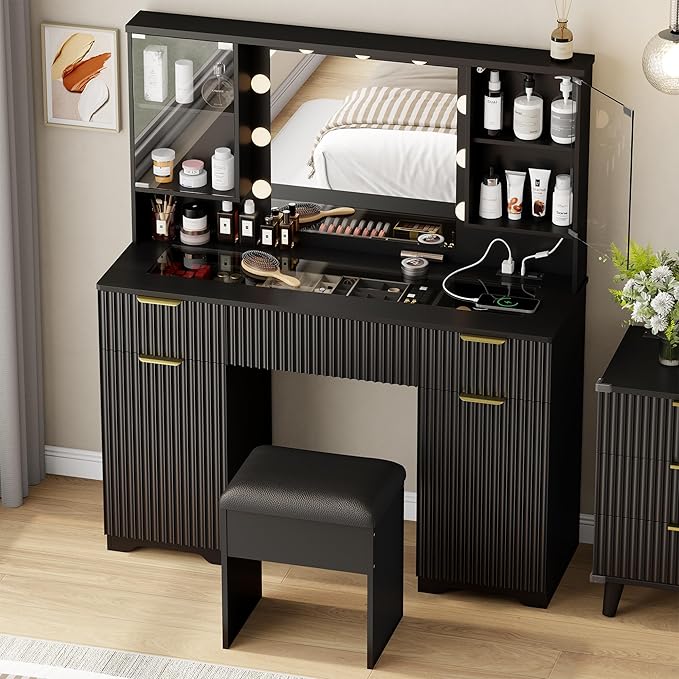 ONME 47.2" Fluted Makeup Vanity Desk with Mirror and Lights, Vanity with Chair, Modern Glass Top, Drawers & Adjustable Shelves, Dressing Table Set for Bedroom or Apartment