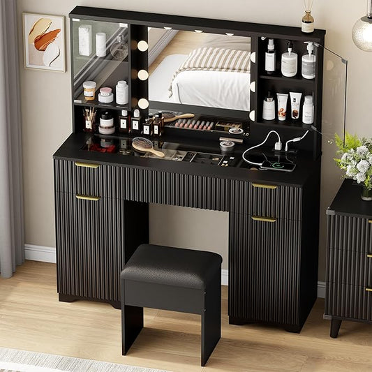 ONME 47.2" Fluted Makeup Vanity Desk with Mirror and Lights, Vanity with Chair, Modern Glass Top, Drawers & Adjustable Shelves, Dressing Table Set for Bedroom or Apartment