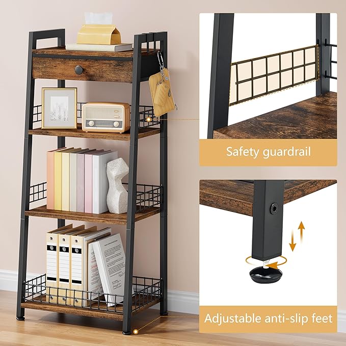 4-Tier Ladder Shelf with Drawer, Bathroom Stand Floor Storage Shelf, Freestanding Tower Table Ladder-Rustic Brown.