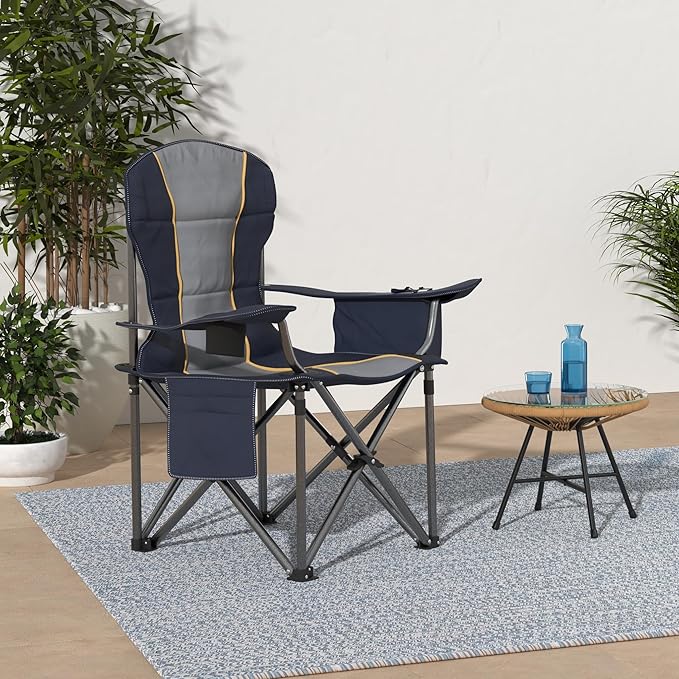 HIGH POINT SPORTS Oversized Portable Folding Camping Chair, Blue, 450 LBS Support, Sports Lawn Chair with Cup Holder and Cooler Bag