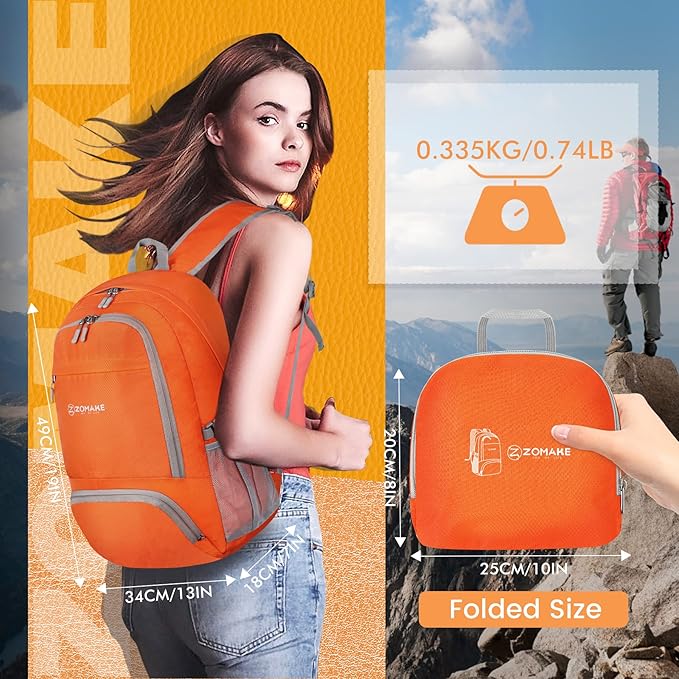 ZOMAKE Lightweight Packable Backpack 30L, Foldable Hiking Backpacks Water Resistant Compact Folding Daypack for Travel(Orange)