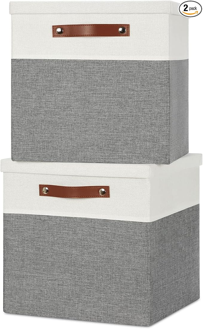 Temary Cube Storage Bins with Lids for Organizing Clothes, [2-Pack] Foldable Storage Boxes with Handles, Closet Storage Baskets for Living Room (White&Gray, 13x13x13inch)